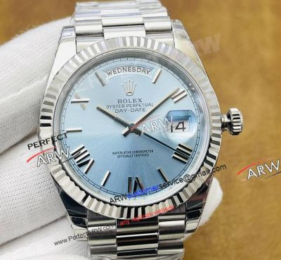 VR Factory Rolex Day Date 40 Ice Blue Roman 2836 Super Clone Watch
